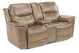 Flexsteel Latitudes Cade Leather Power Reclining Loveseat w/ Console & Power Headrests  in Light Brown - Dow Furniture (ME)