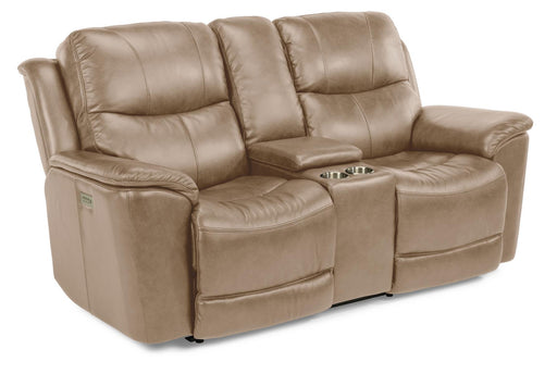 Flexsteel Latitudes Cade Leather Power Reclining Loveseat w/ Console & Power Headrests  in Light Brown - Dow Furniture (ME)